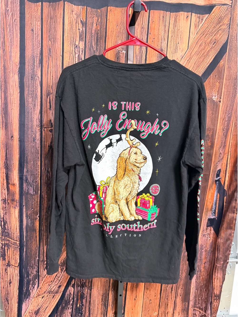 Simply Southern Long Sleeve Black Holiday Dog Graphic T-Shirt Size Large